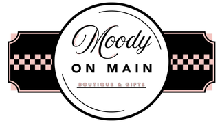 Logo for 'Moody on Main Boutique & Gifts' with a decorative border | Moody on Main Logo | Denison, TX