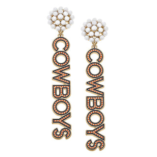 OKLAHOMA STATE COWBOYS PEARL DOTTED ENAMEL DROP EARRINGS-Accessories-Moody on Main