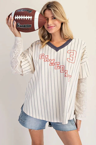 PINSTRIPED GAME DAY LACE TOP-Tops-S-Moody on Main