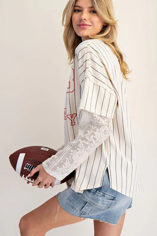 PINSTRIPED GAME DAY LACE TOP-Tops-Moody on Main
